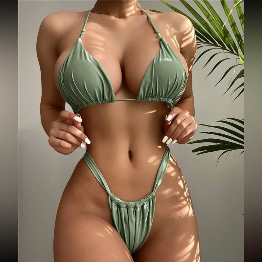 SHEIN Army Green Thong String Bikini Set
